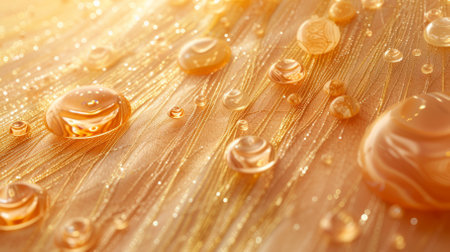 Close-up of water droplets on a golden surfaceの素材