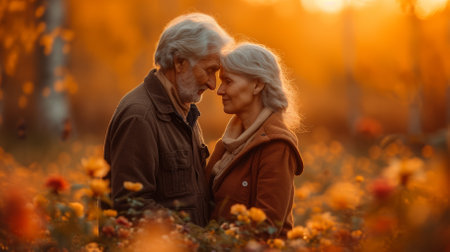 An elderly couple is standing in a field of flowers.の素材