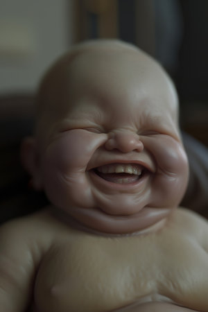 A close-up of a smiling doll with its eyes closedの素材