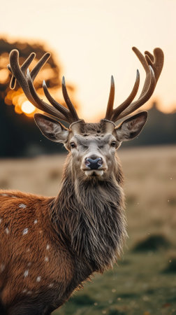 A majestic deer stands in a field at sunsetの素材