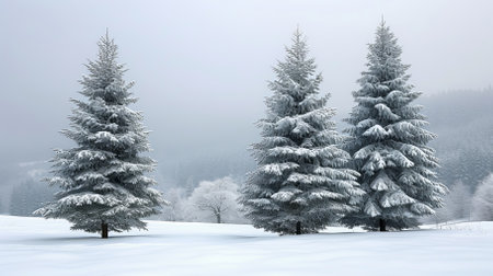 Four snow-covered pine trees stand in a snowy field on a foggy dayの素材