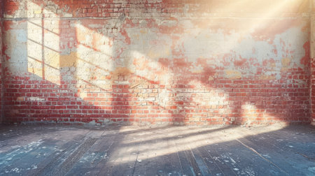 rays of light shining through a window onto a brick wall and wooden floorの素材