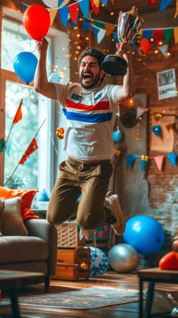 Ecstatic man celebrating victory while jumping in living room decorated with balloons and flagsの素材