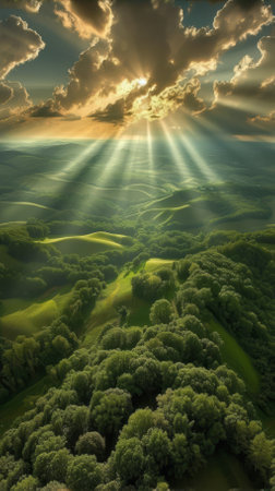 Sunset over the green hillsの素材