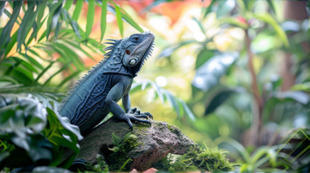 A blue iguana perches on a rock in the jungleの素材