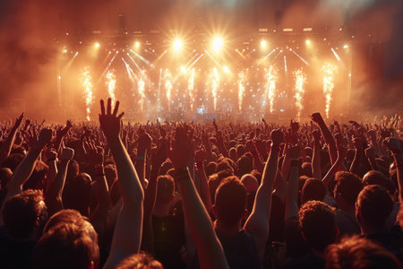 Crowd of People at a Concert with Hands Raisedの素材