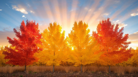 Four trees with red, orange, and yellow leaves in autumnの素材