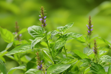 Close-up of a green basil plant with purple flowersの素材
