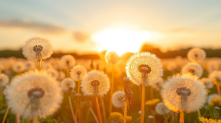 Close-up of dandelion field at sunsetの素材