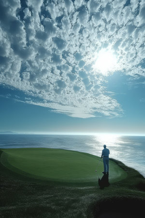 Man playing golf on a cliff overlooking the oceanの素材