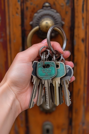 A hand holding a bunch of keys in front of a wooden doorの素材