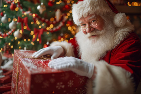 Santa Claus with a big red present in front of a decorated Christmas treeの素材