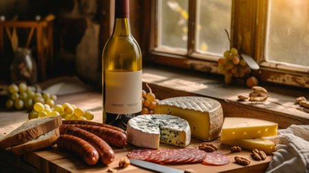 An arrangement of wine, cheese, and sausage on a wooden table near a windowの素材