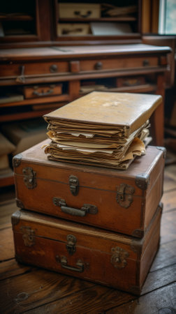A stack of old books and suitcases in an abandoned roomの素材