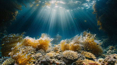 Underwater world full of life and color with a beautiful coral reef and exotic fishの素材