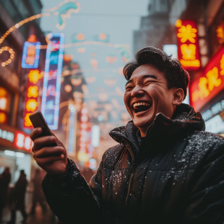 A man is laughing while looking at his phone in a snowy street with colorful lights.の素材