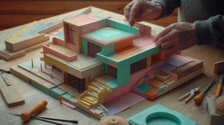Carpenter making colorful 3D house model with a cutterの素材