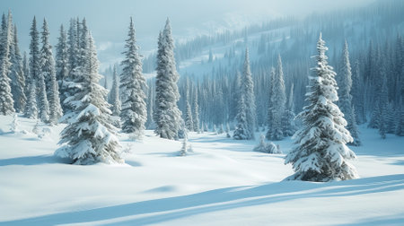 A winter wonderland of snow-covered pine trees and mountainsの素材