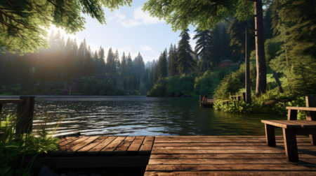 Wooden dock jutting out into a calm lake surrounded by a lush green forestの素材