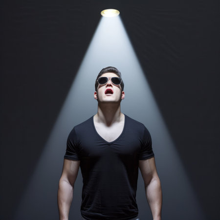 Spotlight on muscular man in sunglasses looking up with mouth openの素材