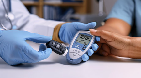 Doctor and patient checking blood sugar level with glucometerの素材