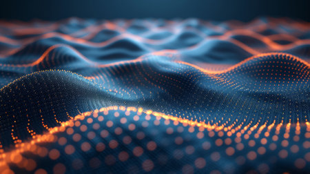 Blue and orange abstract digital landscape with smooth wavelike surfaceの素材