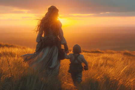 Mother and child holding hands in a field of tall grass at sunsetの素材