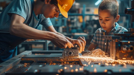 Father and son working together in a machine shopの素材