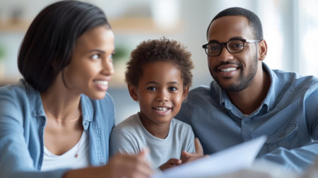 Happy African American family of three sitting on couch and smiling at cameraの素材