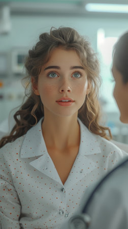 Close-up portrait of a young Caucasian female patient talking to a doctorの素材