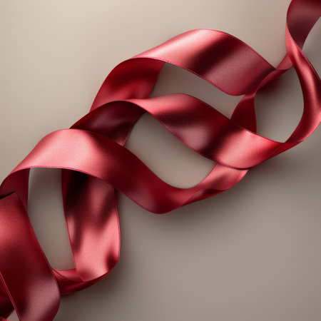 Close-up shot of red ribbon against beige backgroundの素材