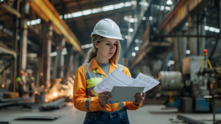A female engineer wearing a hard hat and safety vest is looking at a blueprint in a factory.の素材
