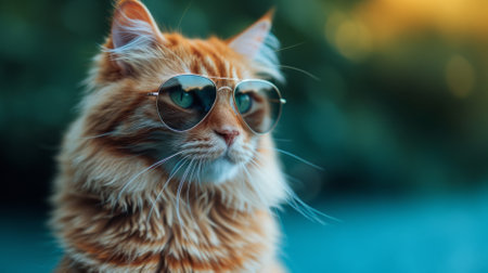 A ginger cat wearing sunglasses is sitting on a blue table.の素材