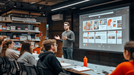 A man is giving a presentation to a group of people about a project involving a lot of imagesの素材