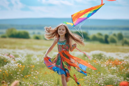 Little girl is flying a kite in the fieldの素材