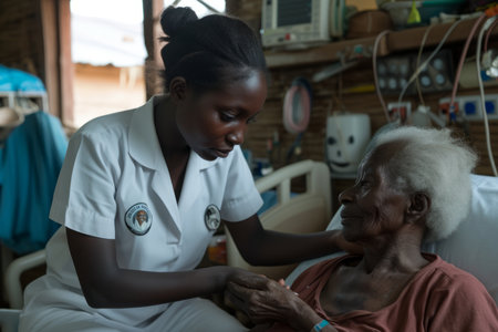 A healthcare worker comforts an elderly patient in a hospital.の素材