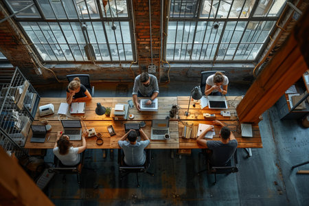 Colleagues working together at a large wooden table in a modern officeの素材