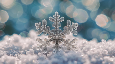 A beautiful snowflake on a snow covered surface with a blurred background of blue and white bokeh lights.の素材