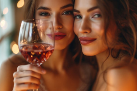 Two beautiful young women with wine glassesの素材
