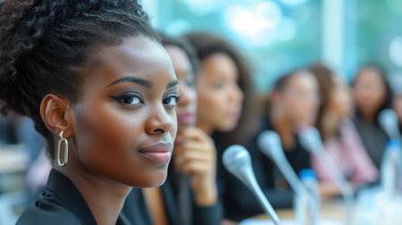 A young African-American woman in a business suit is sitting at a conference table with a group of other people.の素材