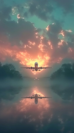 Passenger Plane Flying Over Reflective Water at Sunsetの素材