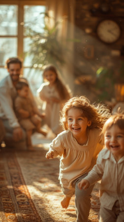 Two happy blonde kids running on carpet in living room with blurred parents and sibling in backgroundの素材