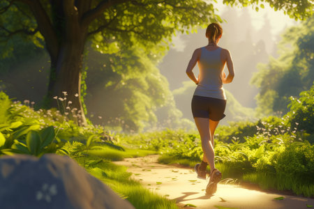 woman running in forest on sunny dayの素材