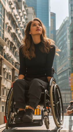 Confident young woman in a city street in a wheelchairの素材