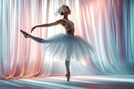Young ballerina dancing in a theater with a beautiful lightの素材