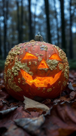 A spooky jack-o-lantern sits in a pile of autumn leaves in the woods.の素材