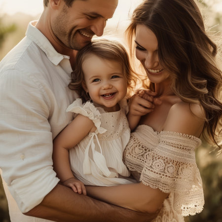 Happy family of three in a field of wheatの素材