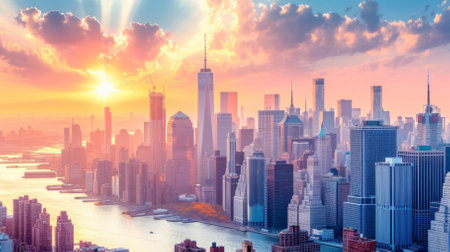 New York City skyline at sunsetの素材