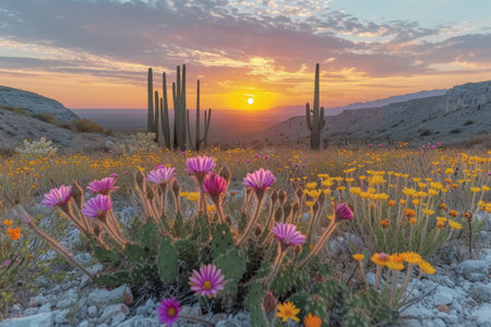 Cactus and flowers in the desert at sunsetの素材