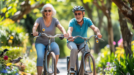Happy senior couple riding bicycles in the parkの素材
